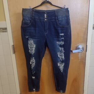 SHEIN Dark Blue High-Rise Ripped Skinny Jeans